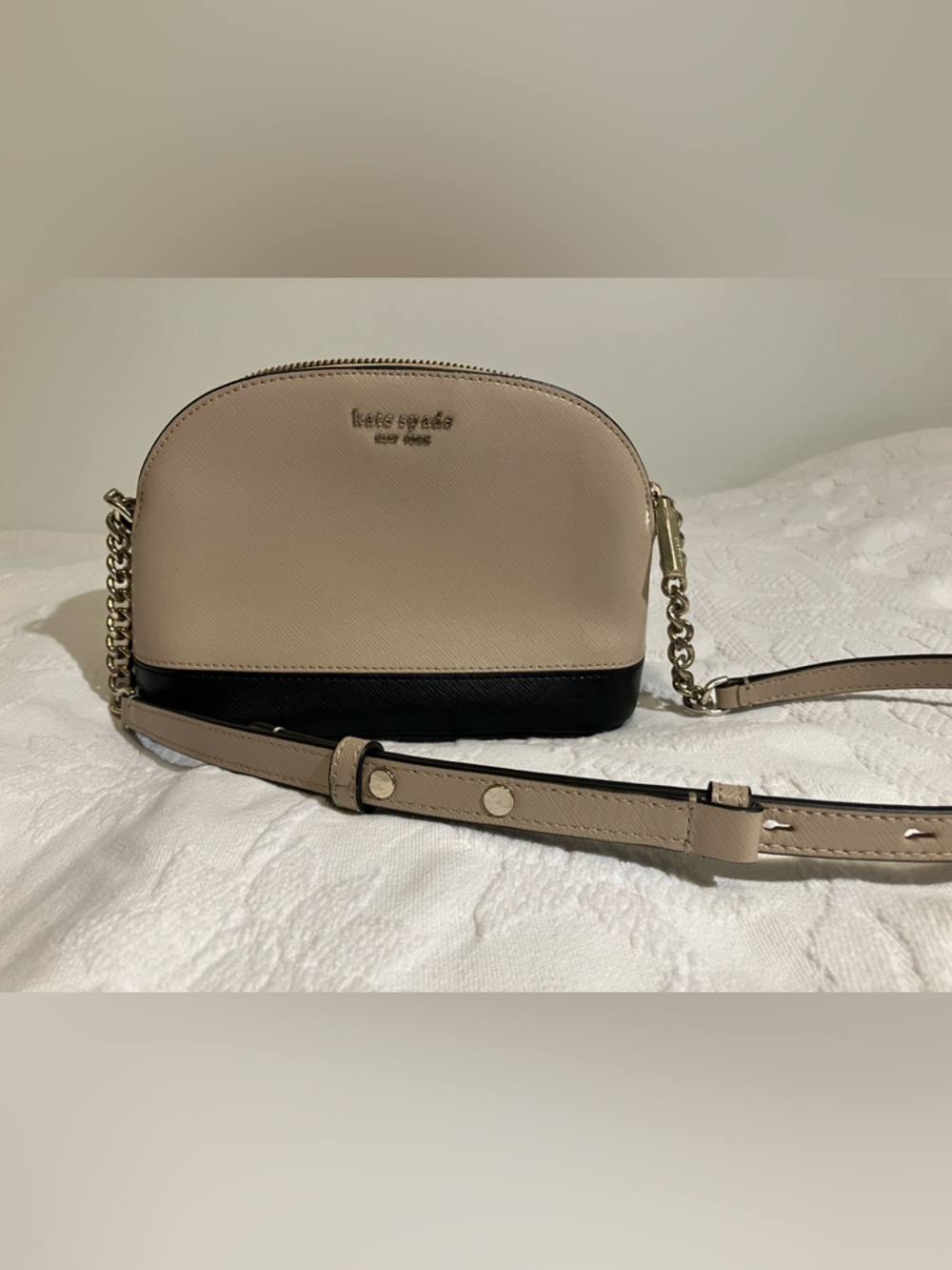 Beige and Black Crossbody Bag with Chain Accent - Picture 10 of 12
